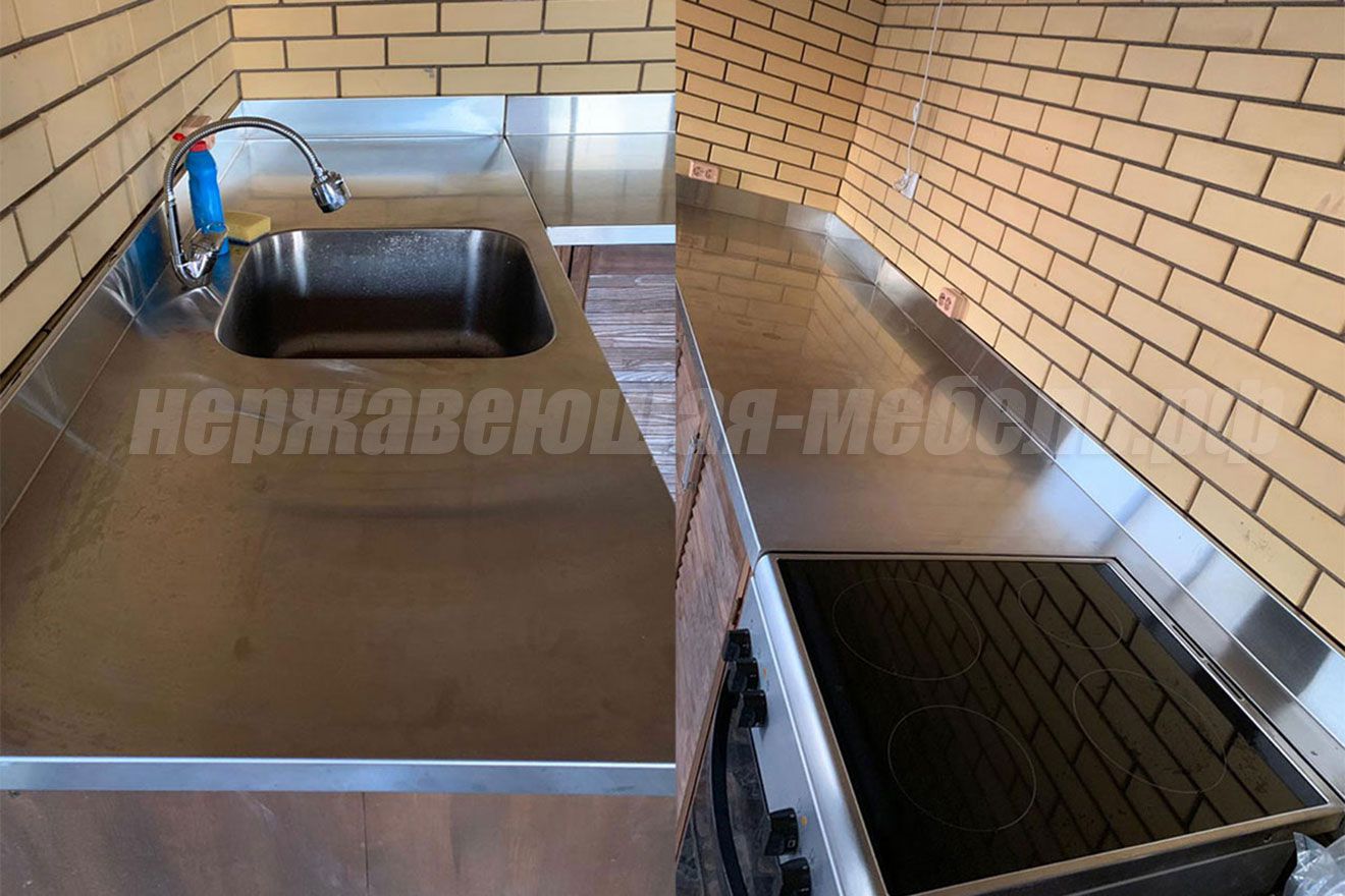 Кухонная столешница с закрытым вырезом для отдельностоящей плиты с цельнотянутой моечной ванной и угловым объемным бортом